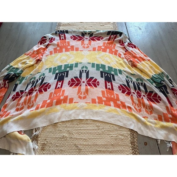 Umgee White Multi Rainbow Color Open Front Cardigan Sz M Fringe Southwest Aztec - Picture 9 of 9